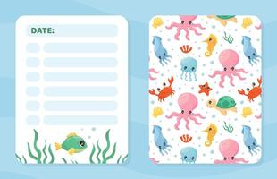 Diary sheet with lines and cute sea creatures. Booklet, planner, notepad, diary template design illustration vector