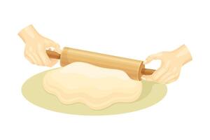 Hand rolling dough with a rolling pin. Bakery process, kneading pastry for cookies or cake illustration vector