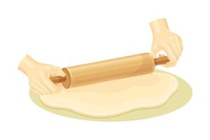 Hand rolling dough with a rolling pin. Bakery process, kneading pastry for cookies or pizza illustration vector