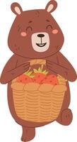 Smiling Bear with Strawberry Basket vector