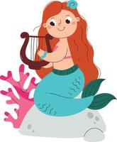 Mermaid Playing Harp on Rock vector