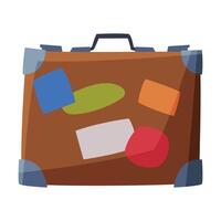 Retro Leather Suitcase with Travel Stickers, Summer Vacation Object, Traveling and Tourism Illustration on White Background vector