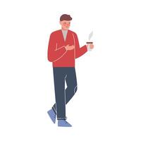 Businessman Standing with Paper Cup in his Hands and Talking, Working Process or Meeting Illustration on White Background vector