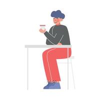 Young Man Sitting at the Table, Drinking Coffee and Talking, Guy at Working Process or Meeting Illustration on White Background vector