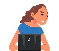 Girl Sitting in front of Computer, Stressed Female Office Manager Working Hard with Laptop Illustration on White Background vector