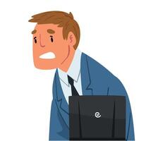 Stressed Businessman Sitting in front of Computer, Male Office Manager Working with Laptop Illustration on White Background. vector