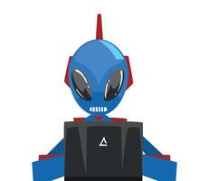 Alien Sitting in front of Computer, Robot Android Working with Laptop, Artificial Intelligence Concept Illustration vector