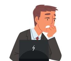 Businessman Sitting in front of Computer, Stressed Male Office Manager Working with Laptop Illustration Isolated on White Background vector