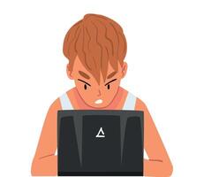 Stressed Man Sitting in front of Computer, Male Programmer Working Hard with Laptop Illustration on White Background vector
