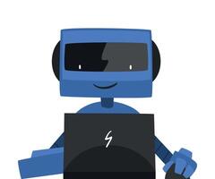 Robot Sitting in front of Computer, Friendly Android Working with Laptop, Artificial Intelligence Concept Illustration vector