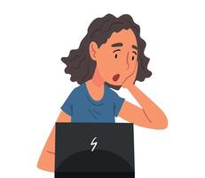 Stressed Female Office Manager Sitting in front of Computer, Surprised Woman Working with Laptop Illustration on White Background vector