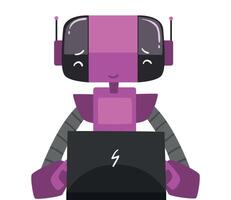 Friendly Robot Sitting in front of Computer, Cute Android Working with Laptop, Artificial Intelligence Concept Illustration on White Background vector