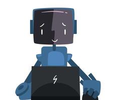 Friendly Robot Sitting in front of Computer, Cute Android Working with Laptop Illustration on White Background vector