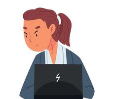 Stressed Girl Sitting in front of Computer, Annoyed Female Office Employee Working with Laptop Illustration on White Background. vector