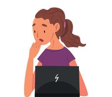 Stressed Girl Sitting in front of Computer, Female Office Employee Working Hard with Laptop Illustration on White Background vector