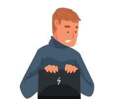 Stressed Man Sitting in front of Computer, Male Employee or Programmer Working Hard with Laptop Illustration on White Background. vector