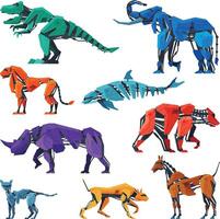Animals Robots Set, Dinosaur, Elephant, Dolphin, Bear, Horse, Dog, Lion Artificial Intelligence Robotic Creatures Illustration vector