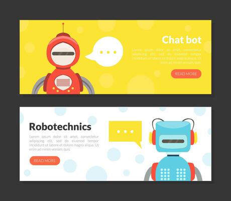 Chat Bot, Robotechnics Landing Page Templates Set, Cute Friendly Android Robots, Artificial Intelligence, Robotic Technology, Automation Concept Web Banner, Website, Homepage Illustration
