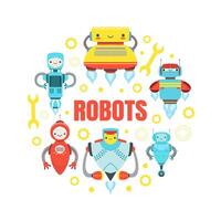 Robots Banner Template with Cute Friendly Android Robots of Round Shape, Robotic Technology, Automation Concept Illustration vector
