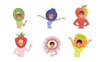 Happy People in Various Fruit Hats Set. Smiling Men and Women Wearing as Kiwi, Blueberry, Apple, Raspberry, Rambutan, Kiwano Cartoon Style Illustration vector