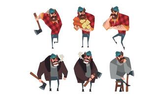Lumberjack in Different Poses Set, Strong Woodcutter Cartoon Character Style Illustration on White Background vector