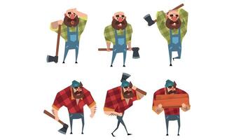 Lumberjack in Different Poses Set, Strong Woodcutter Cartoon Character Holding Axe in his Hands at Work Style Illustration vector