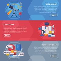 Education and Learning Landing Page Templates Set, Back to School Concept, Astronomy, Literature, Foreign Language Courses Horizontal Banners Flat Illustration vector