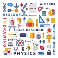 Set of Education and Science Disciplines with Related Elements, School Subjects, Back to School Concept Flat Style Illustration vector