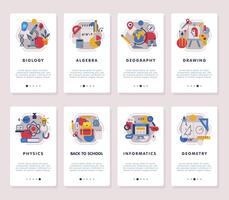 Set of School Subjects Mobile app Onboarding Screens, Education and Science Disciplines Webpages Flat Style Illustration vector