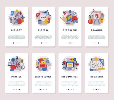 Set of School Subjects Mobile app Onboarding Screens, Education and Science Disciplines Webpages Flat Style Illustration