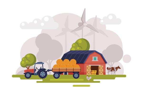 Farm Scene with Red Barn, Wind Turbine and Tractor, Summer Rural Landscape, Agriculture and Farming Concept Cartoon Illustration