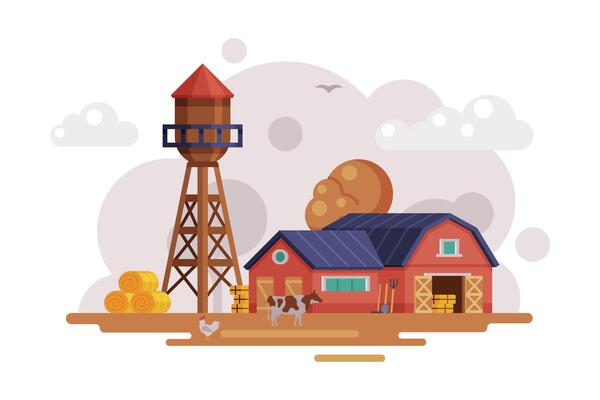 Farm Scene with Red Barn and Wooden Water Tower at Autumn Rural Landscape, Agriculture and Farming Concept Cartoon Illustration