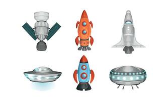 Spaceships Set, Rocket, Space Station, UFO Saucer, Spacecraft Flat Style Illustration vector