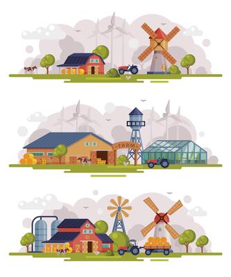 Farm Scenes Set, Rural Buildings and Agricultural Objects, Agriculture and Farming Concept Cartoon Illustration