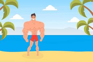 Muscular Strong Man Posing on Beach, Athletic Man Character in Red Swimming Trunks Standing and Smiling Cartoon Illustration vector