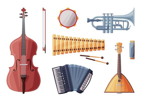 Musical Instruments Set, Cello, Tambourine, Tuba, Accordion, Violin, Balalaika, Xylophone Flat Style Illustration
