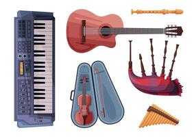 Musical Instruments Set, Harmonica, Flute, Violin in Case, Bagpipe, Clarinet, Synthesizer Flat Style Illustration vector