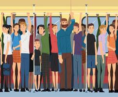 Different People Standing Inside Crowded Subway, Passengers Using Modern City Public Transport Illustration vector