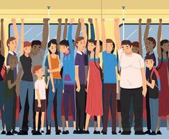 Different People Standing Inside Crowded Subway Holding Handrails, Passengers Using City Public Transport Illustration vector
