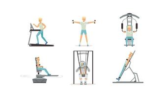 Astronaut Physical Training Set, Male Astronaut Doing Physical Workout, Running on Treadmill, Testing Flat Style Illustration vector