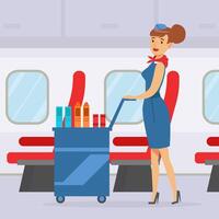 Flight Attendant Pushing Cart with Drinks on Board, Stewardess Serving Passengers During Flight Illustration vector