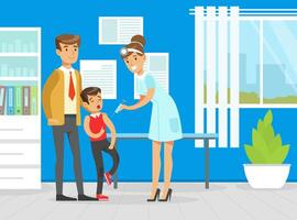 Doctor Holding Syringe with Injection for Vaccination of Boy with Father, Scared Boy Getting Vaccine Injection, Medical Service Concept Illustration vector