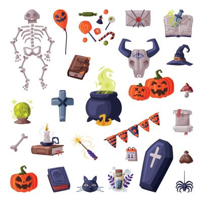 Halloween Symbols Collection, Holiday Party Design Elements, Skeleton, Pumpkin, Coffin, Witch Cauldron, Fortune Telling Magic Ball Cartoon Style Illustration