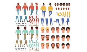 Male Characters Creation Set, Guy Constructor with Various Views, Face Emotions, Poses Cartoon Style Illustration vector