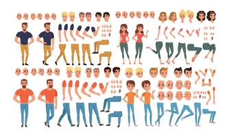 Male and Female Characters Creation Set, People Constructor with Various Views, Face Emotions, Poses Cartoon Style Illustration vector