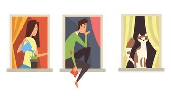 Neighbors in Windows Doing Daily Things in their Apartments Set, People and Cat Looking Through Windows Cartoon Style Illustration vector