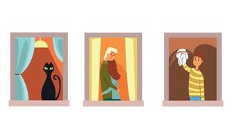Neighbors in Windows Doing Daily Things in their Apartments Set, Black Cat Looking Through Window, Couple in Love Hugging, Man Clean Window with Rag Cartoon Illustration vector