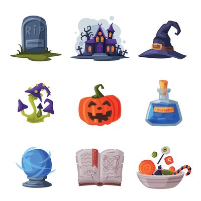 Halloween Symbols Collection, Holiday Party Design Elements, Old Gravestone, Scary Castle, Pumpkin, Poisonous Mushroom, Magic Book Cartoon Style Illustration