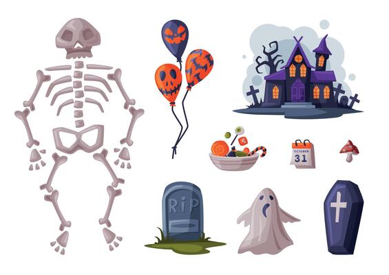 Halloween Symbols Collection, Holiday Party Design Elements, Skeleton, Balloon, Coffin, Gravestone, Castle Cartoon Style Illustration
