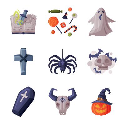 Halloween Symbols Collection, Holiday Party Design Elements, Spider, Pumpkin, Cross, Magic Book, Buffalo Skull, Coffin Cartoon Style Illustration
